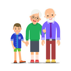 Grandparents and grandchildren. Grandma, grandpa and grandson. Grandmother holding boy hand and holds grandfather hand. Illustration of people characters isolated on white background in flat style