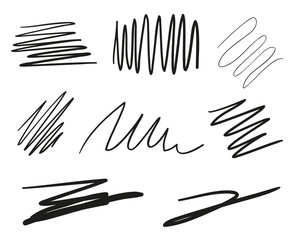 Hand drawn lettering underlines on white. Abstract backgrounds with array of lines. Stroke chaotic patterns. Black and white illustration. Sketchy elements for posters and flyers