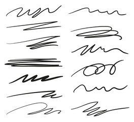 Hand drawn underlines on white. Abstract backgrounds with array of lines. Stroke chaotic patterns. Black and white illustration. Sketchy elements for posters and flyers