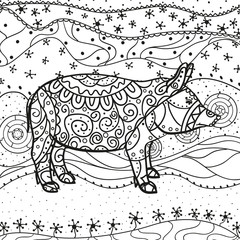 Abstract eastern pattern. Ornate square wallpaper with pig. Hand drawn waved ornaments on white. Intricate patterns on isolated background. Design for spiritual relaxation for adults. Line art