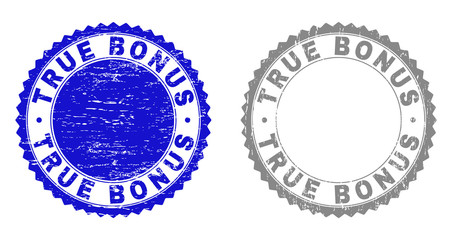 Grunge TRUE BONUS stamp seals isolated on a white background. Rosette seals with grunge texture in blue and grey colors. Vector rubber stamp imitation of TRUE BONUS label inside round rosette.