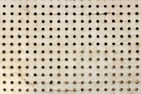 craquelure texture on a white painted wooden perforated plank