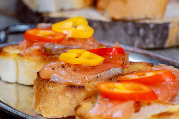 Healthy open sandwiches with vegetables, herbs, salmon Healthy diet concept.