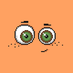 Cartoon cute monster face. Smiling orange monster character in pixel style.