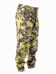 Outdoor trousers for outdoor activities. Camouflage pants on a white background,