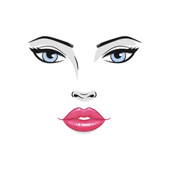 Beautiful young woman face with red lips and blue eyes. Fashion model  face close up, vector illustration.