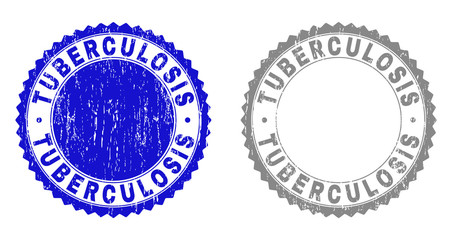 Grunge TUBERCULOSIS stamp seals isolated on a white background. Rosette seals with grunge texture in blue and gray colors. Vector rubber stamp imprint of TUBERCULOSIS caption inside round rosette.