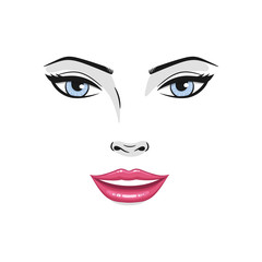 Beautiful young woman smiling face with red lips and blue eyes. Fashion model smiling face close up, vector illustration.