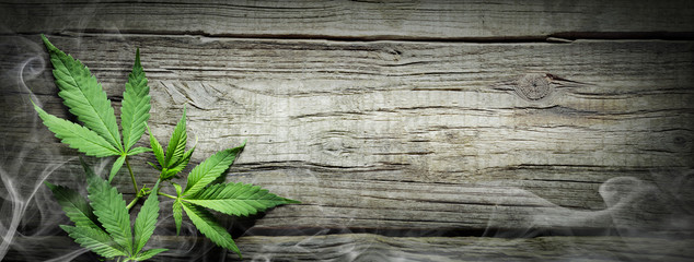 Cannabis Sativa Leaves With Smoke On Wooden Table - Medical Legal Marijuana - obrazy, fototapety, plakaty
