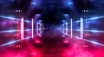 Background wall with neon lines and rays. Background dark corridor with neon light. Abstract background with lines and glow. Wet asphalt, neon smoke.