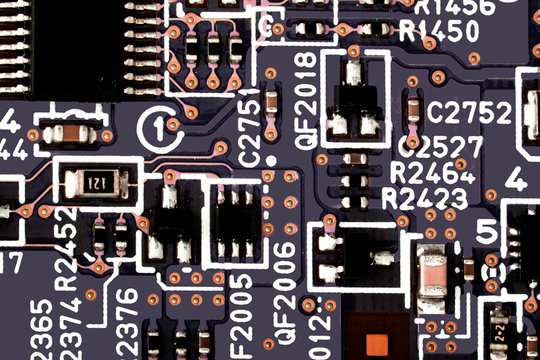 Electronic circuit board close up. Microchips and other components