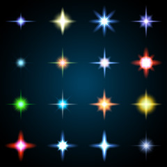 Set of various starry flare elements. Vector illustration with light effects for design.