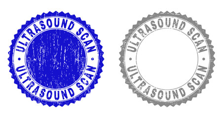 Grunge ULTRASOUND SCAN stamp seals isolated on a white background. Rosette seals with grunge texture in blue and gray colors. Vector rubber stamp imprint of ULTRASOUND SCAN label inside round rosette.