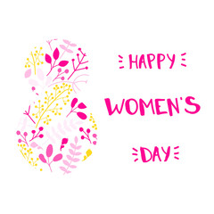 Hand-drawn card for the eighth of March. Congratulations on the international women's day.