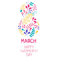 Hand-drawn postcard for the eighth of March. Congratulations on the international women's day.