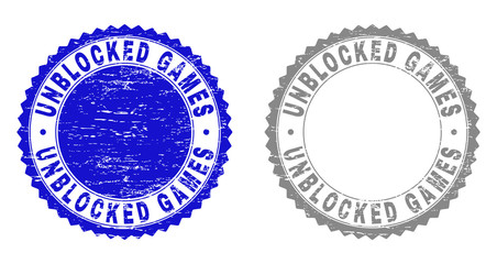 Grunge UNBLOCKED GAMES stamp seals isolated on a white background. Rosette seals with grunge texture in blue and gray colors.