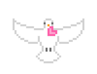 Obraz premium Release dove flying with spread wings carrying heart-shaped card in its beak, 8 bit pixel art character isolated on white background. Symbol of love, peace, purity and freedom. White pigeon logo.