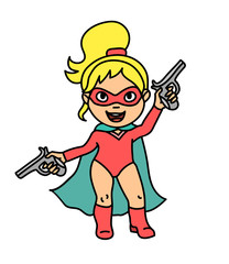 Young blonde woman in superhero costume (red bodysuit, boots and mask, green cape) with two loaded guns, comic cartoon character isolated on white background.Female fiction personage with magic powers