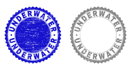 Grunge UNDERWATER stamp seals isolated on a white background. Rosette seals with grunge texture in blue and grey colors. Vector rubber stamp imprint of UNDERWATER caption inside round rosette.