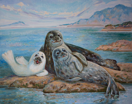 A family of seals on stones by the blue sea is an oil painting on canvas.