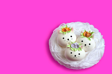 Fototapeta na wymiar Three handmade cute cat made of egg. Easter concept