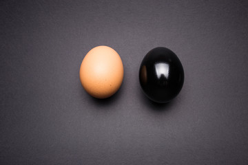 Black and brown egg on a gray background close-up