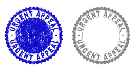 Grunge URGENT APPEAL stamp seals isolated on a white background. Rosette seals with distress texture in blue and grey colors. Vector rubber stamp imprint of URGENT APPEAL label inside round rosette.