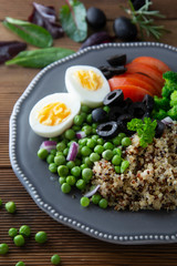 Colorful quinoa buddha plate withbroccoli, egg, spring onion, tomatoes and green peas. Home made food. Concept for a tasty and healthy vegetarian meal. Top view. Copy space.
