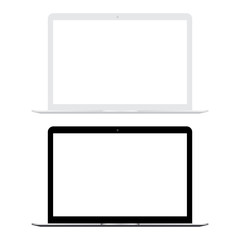 White and black laptop with white screen mock up. Vector.