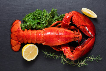 Red lobster with lemon and green on black wooden background