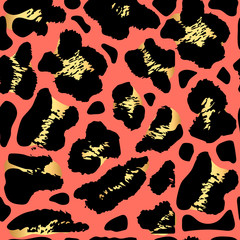 Seamless gold leopard print. Color trend palette. Living Coral color. Vector pattern, texture, background.