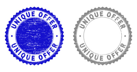 Grunge UNIQUE OFFER stamp seals isolated on a white background. Rosette seals with grunge texture in blue and gray colors. Vector rubber watermark of UNIQUE OFFER label inside round rosette.
