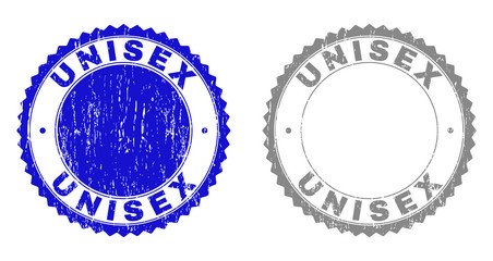 Grunge UNISEX stamp seals isolated on a white background. Rosette seals with grunge texture in blue and gray colors. Vector rubber stamp imitation of UNISEX text inside round rosette.