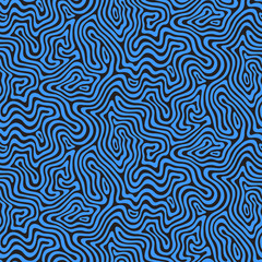 Abstract seamless vector pattern. Blue wavy stripes on a black background.
