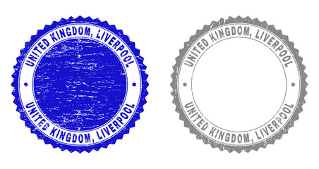 Grunge UNITED KINGDOM, LIVERPOOL stamp seals isolated on a white background. Rosette seals with grunge texture in blue and gray colors. Vector rubber stamp imprint of UNITED KINGDOM,