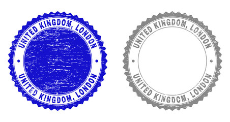 Grunge UNITED KINGDOM, LONDON stamp seals isolated on a white background. Rosette seals with grunge texture in blue and gray colors. Vector rubber stamp imprint of UNITED KINGDOM,