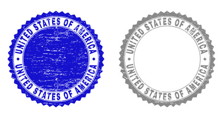 Grunge UNITED STATES OF AMERICA stamp seals isolated on a white background. Rosette seals with grunge texture in blue and grey colors.