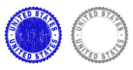 Grunge UNITED STATES stamp seals isolated on a white background. Rosette seals with grunge texture in blue and gray colors. Vector rubber stamp imitation of UNITED STATES label inside round rosette.