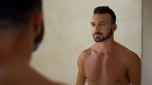 Bearded Handsome Man Looking In Mirror, Perfect Body, Daily Workout Result