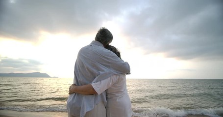 Asian senior couple embracing each other on the beach in slow motion. - Powered by Adobe