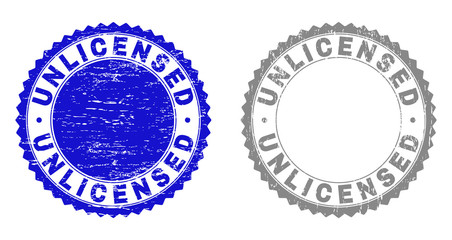 Grunge UNLICENSED stamp seals isolated on a white background. Rosette seals with grunge texture in blue and gray colors. Vector rubber stamp imprint of UNLICENSED text inside round rosette.