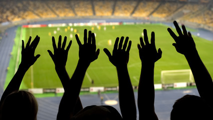 Silhouettes of soccer fans hands during match, crowded football stadium, sport © motortion