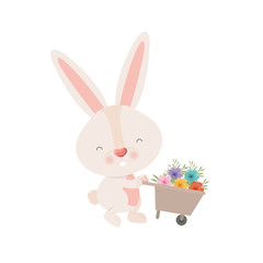 bunny with wheelbarrow and flowers isolated icon