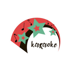 Isolated on white creative karaoke emblem, logo, flyer with three big, smaller and smallest green and red double stars, five black notes, two colored rainbow