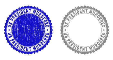Grunge US PRESIDENT MURDERED stamp seals isolated on a white background. Rosette seals with grunge texture in blue and gray colors.