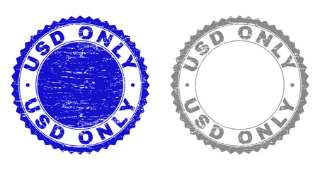 Grunge USD ONLY stamp seals isolated on a white background. Rosette seals with grunge texture in blue and gray colors. Vector rubber stamp imprint of USD ONLY label inside round rosette.