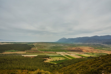 landscape with oranges and pomegranate garden and mountains.