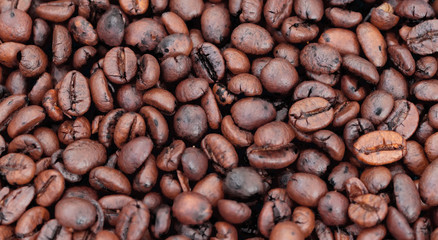 Brown roasted coffee beans lie on a white background.