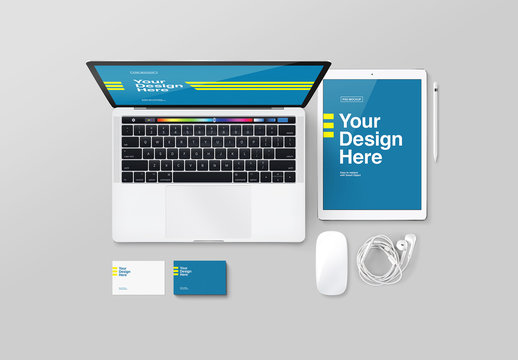 Laptop and Tablet with Accessories Mockup