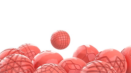flying pink hi-tech living coral color spheres. Abstract background with 3d geometric shapes. Modern cover design. Ads banner template. Dynamic wallpaper with balls or particles 3d illustration